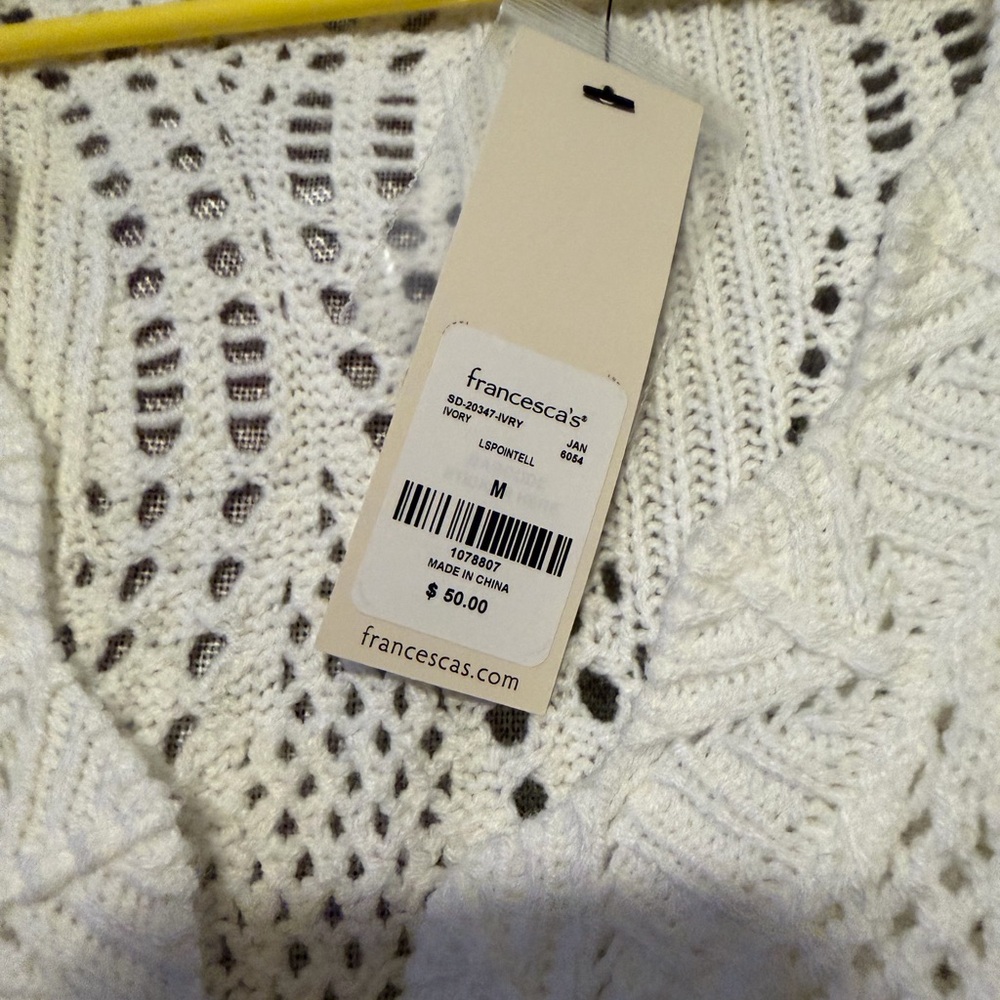 Francesca's Collections Cream Open-Knit Scalloped Button Cardigan - Picture 5 of 5